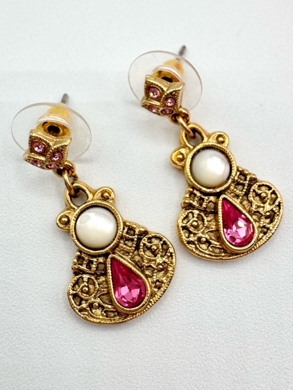 Vintage 1928 Pink Rhinestone White Moonglow Filigree Earrings Romantic Coquette